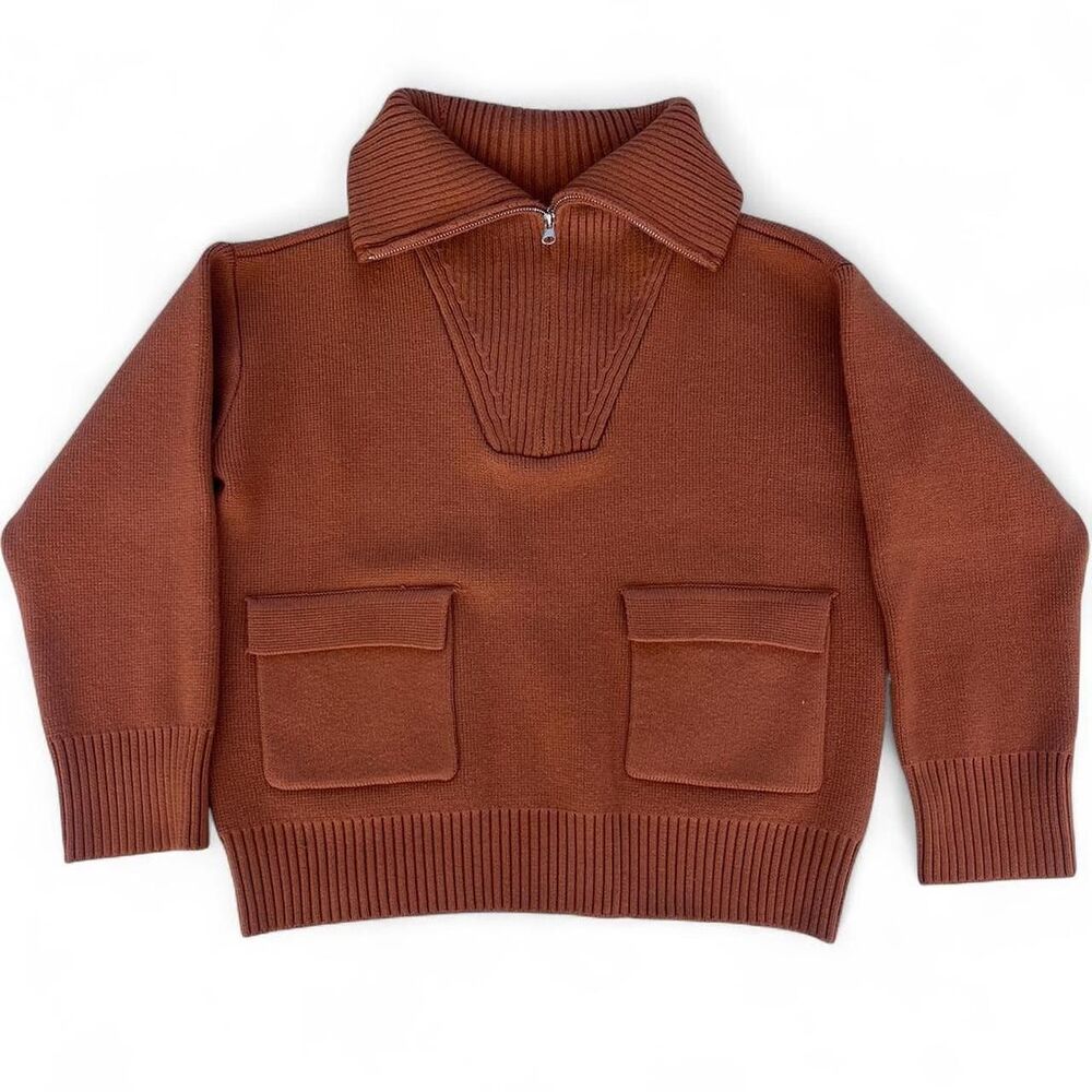 Anthropologie Women’s Small Ribbed Quarter Zip Sweater Rust Brown